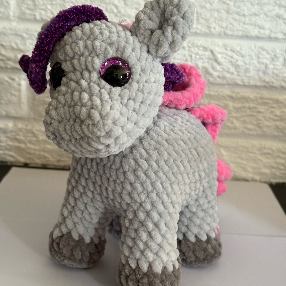 Gray Plush Unicorn Toy with Pink and Purple Accents